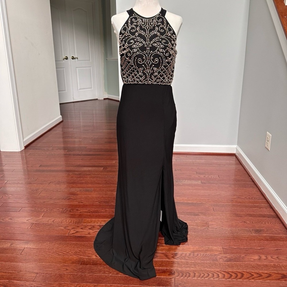 Vintage Y2K Embellished Beaded Luxury Formal Open Back Gown Black Dress